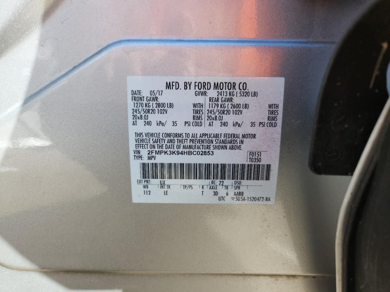 2017 Ford Edge Titanium VIN: 2FMPK3K94HBC02853 Lot: 69960785