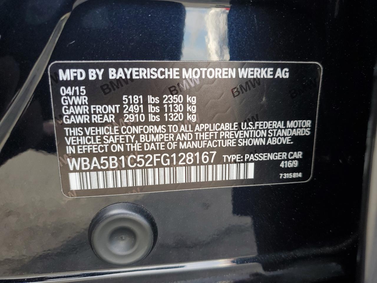 2015 BMW 535 I VIN: WBA5B1C52FG128167 Lot: 70585355