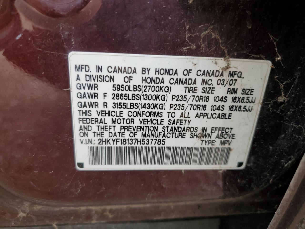 2007 Honda Pilot Lx VIN: 2HKYF18137H537755 Lot: 84706365