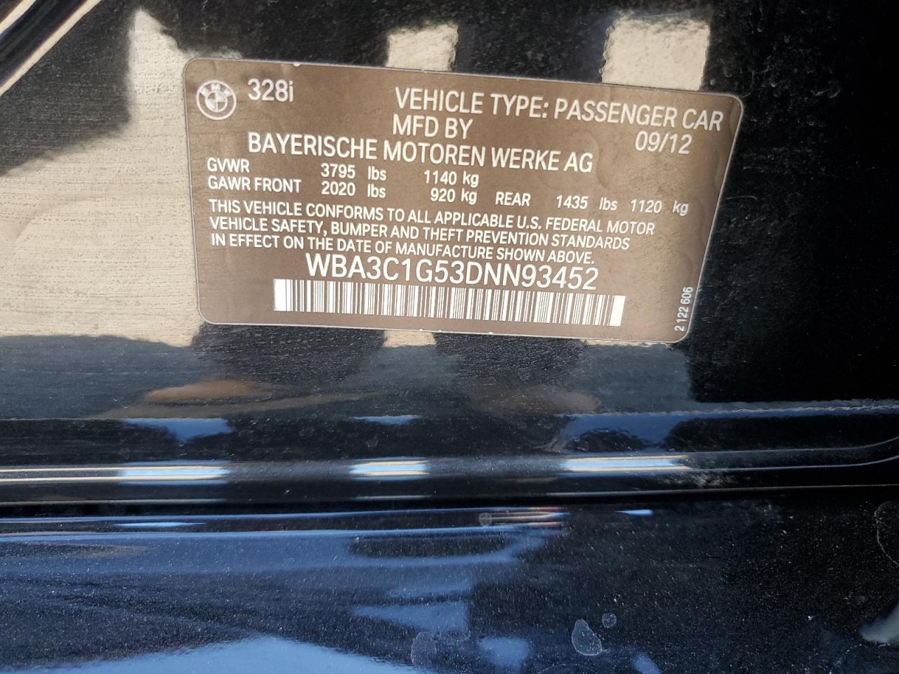 2013 BMW 328 I Sulev VIN: WBA3C1G53DNN93452 Lot: 83865115