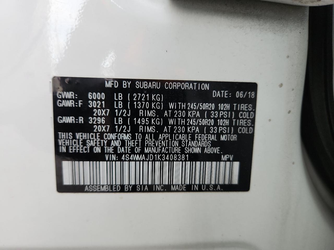 2019 Subaru Ascent Limited VIN: 4S4WMAJD1K3408381 Lot: 83788945