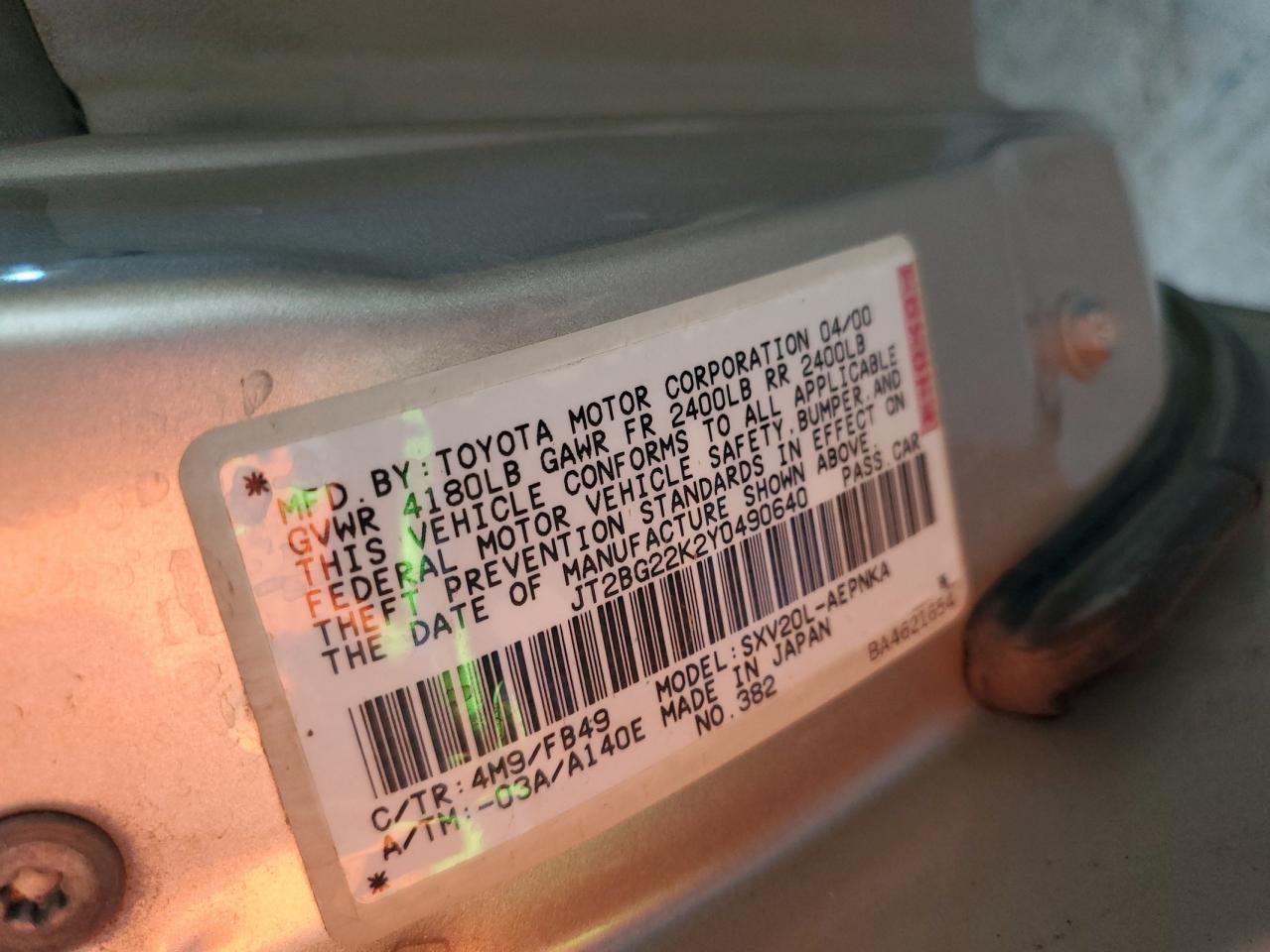 2000 Toyota Camry Ce VIN: JT2BG22K2Y0490640 Lot: 84020285