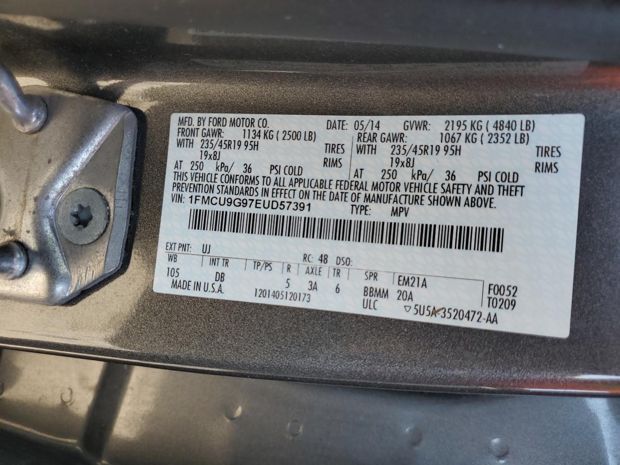 2014 Ford Escape Se VIN: 1FMCU9G97EUD57391 Lot: 84219605