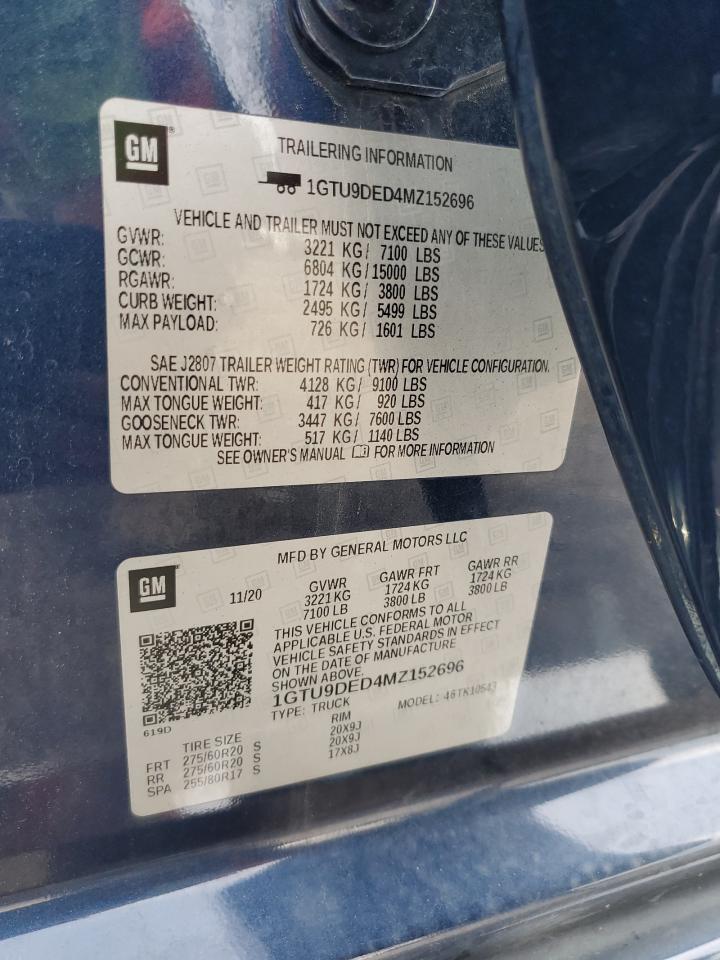 2021 GMC Sierra K1500 Slt VIN: 1GTU9DED4MZ152696 Lot: 81765175