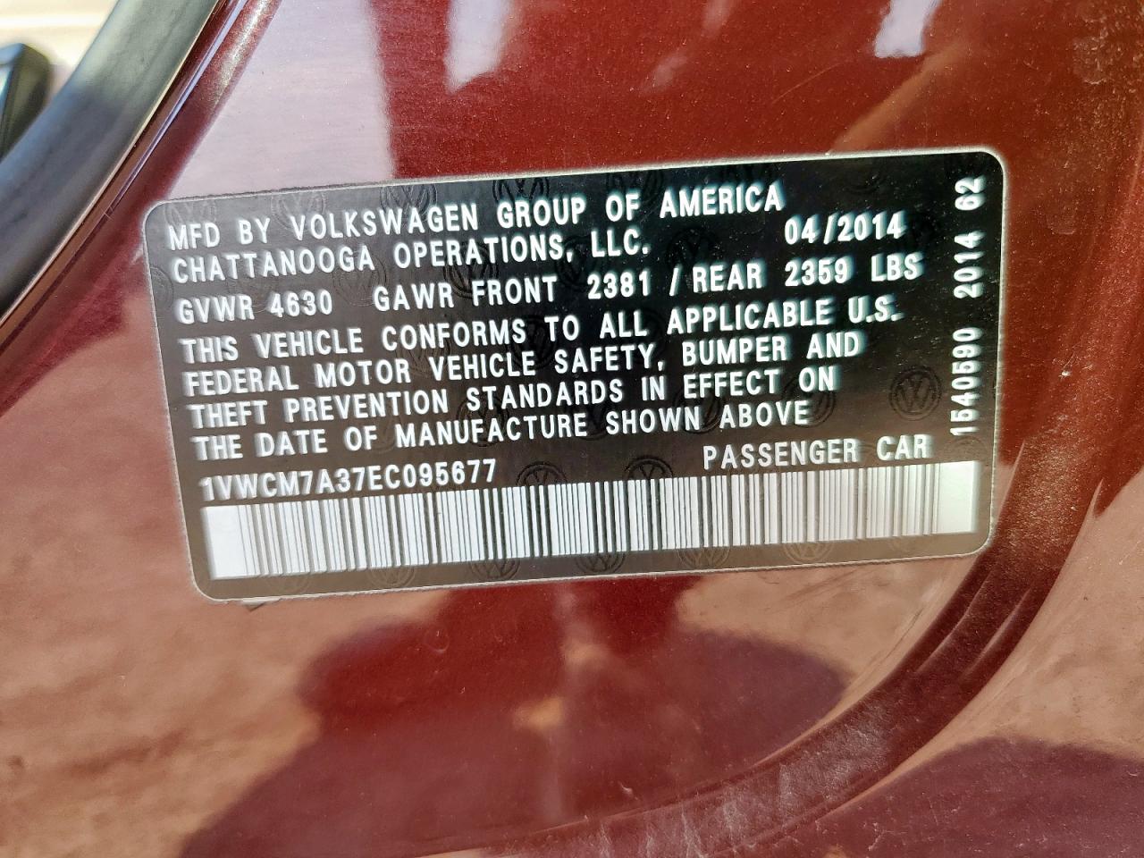 2014 Volkswagen Passat Sel VIN: 1VWCM7A37EC095677 Lot: 80901495