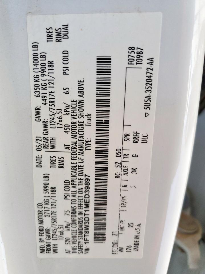 2021 Ford F350 Super Duty VIN: 1FT8W3DT1MED39897 Lot: 81410665