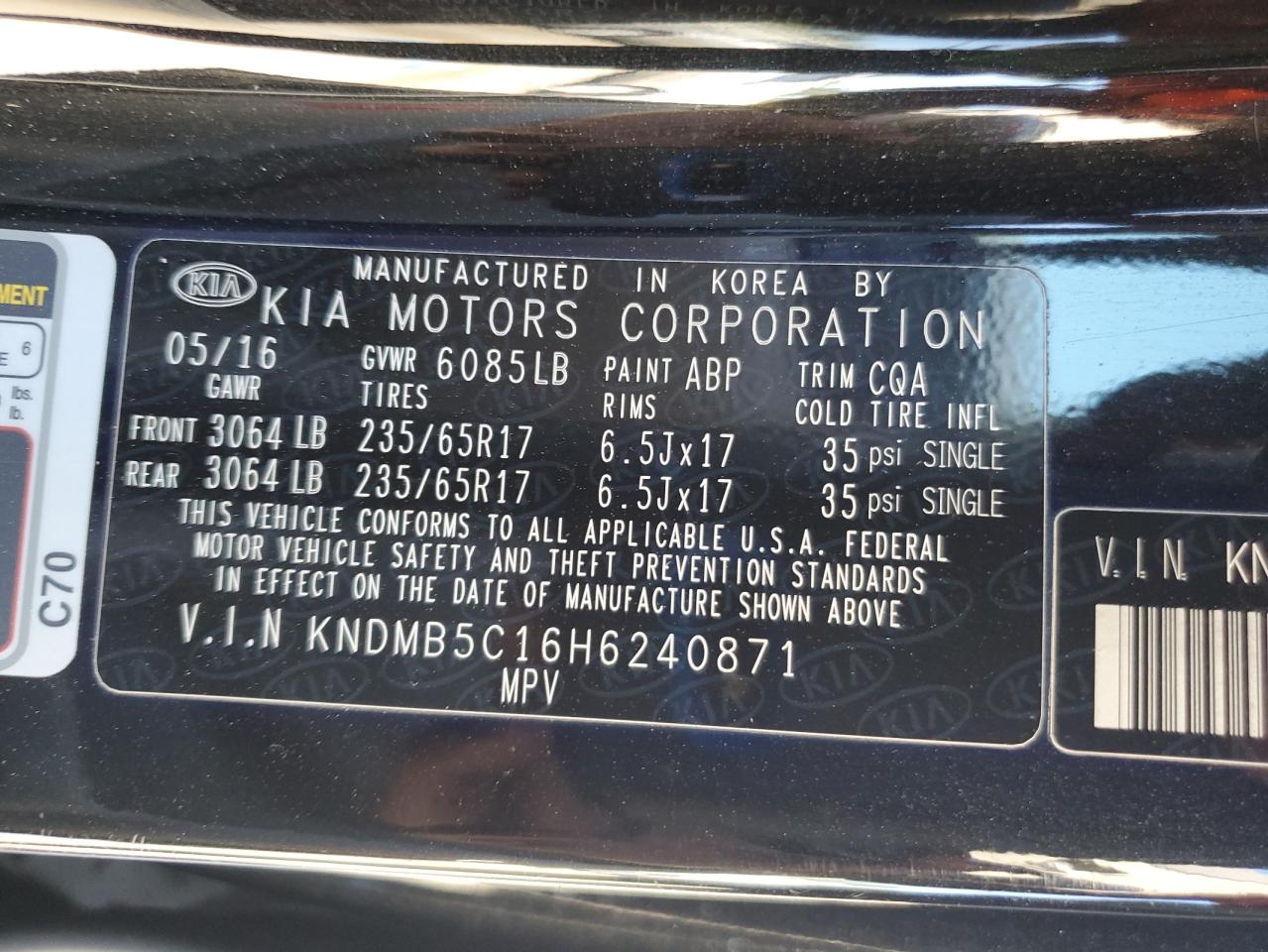 2017 Kia Sedona Lx VIN: KNDMB5C16H6240871 Lot: 81711045