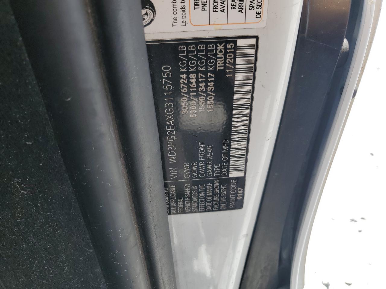2016 Mercedes-Benz Metris VIN: WD3PG2EAXG3115750 Lot: 80859835