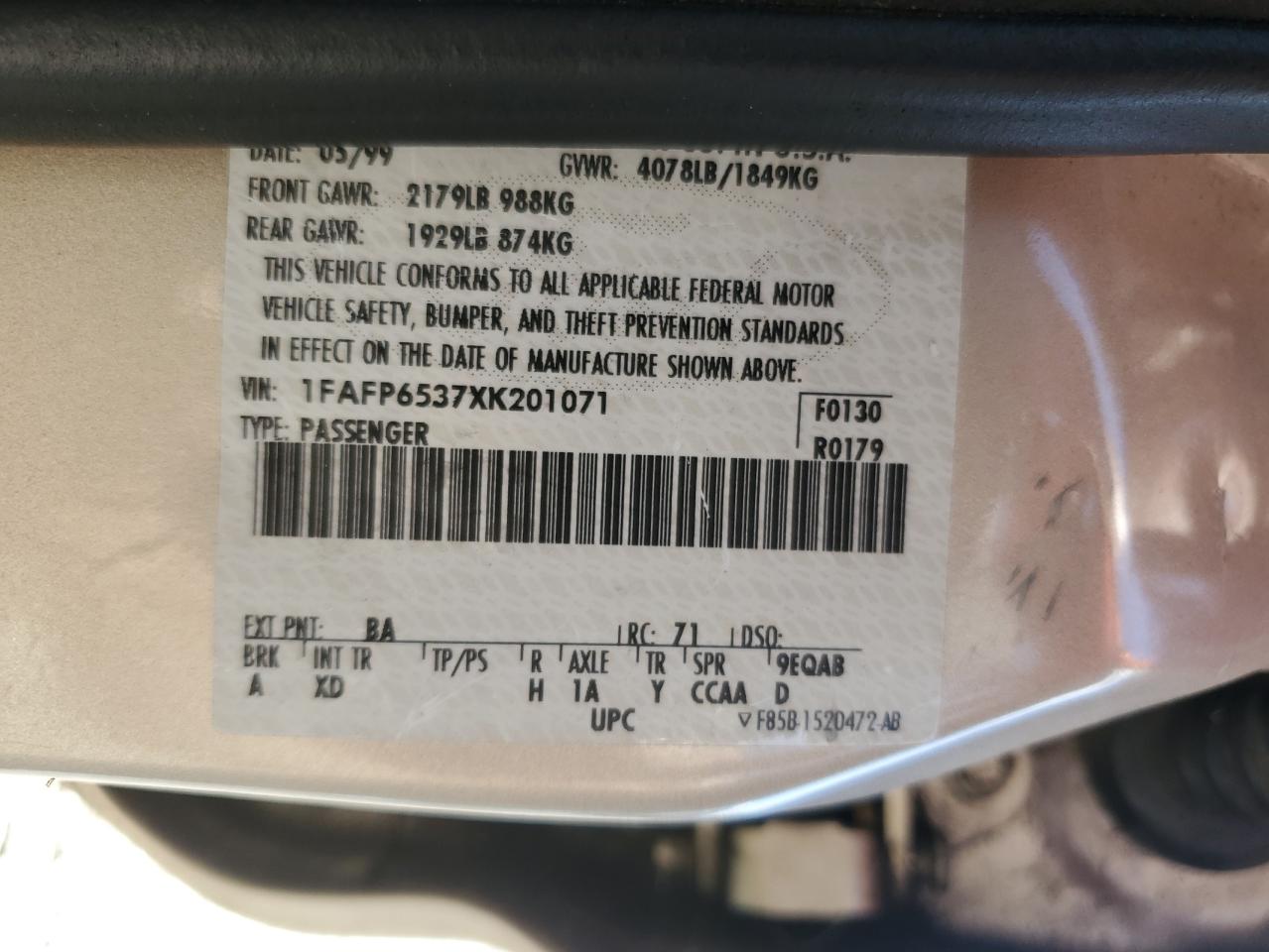 1999 Ford Contour Lx VIN: 1FAFP6537XK201071 Lot: 81102035