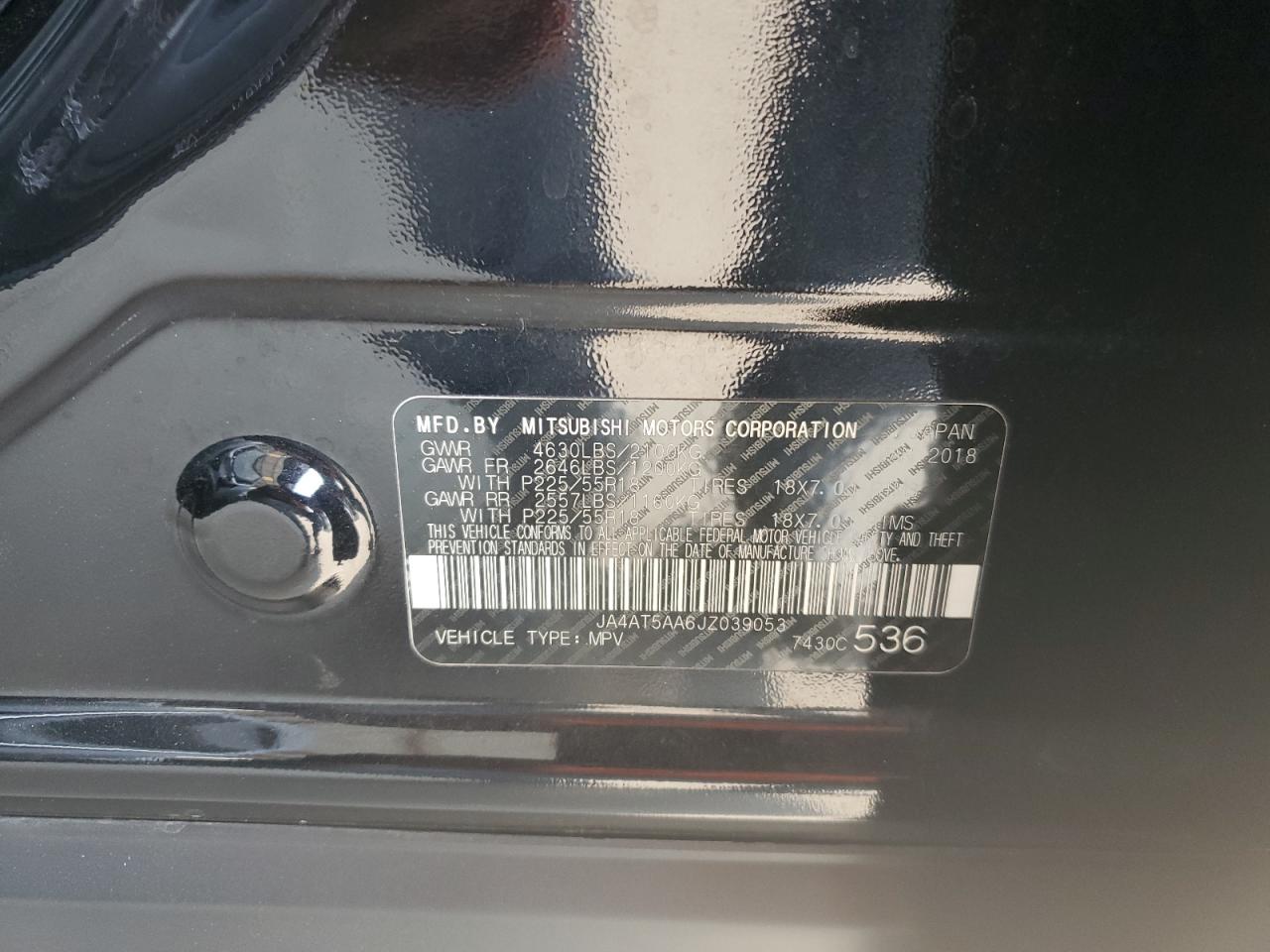 2018 Mitsubishi Eclipse Cross Se VIN: JA4AT5AA6JZ039053 Lot: 71526255