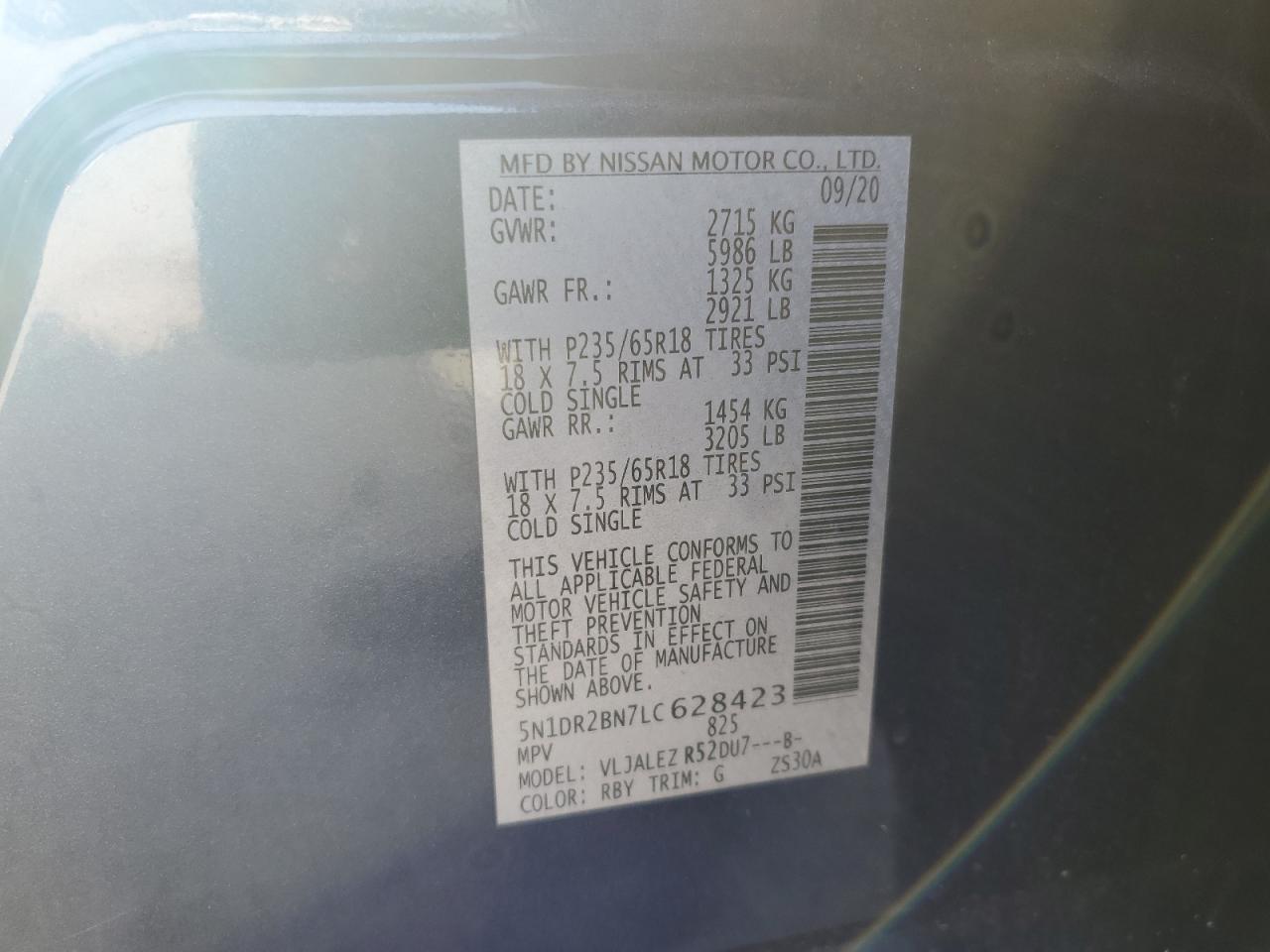 2020 Nissan Pathfinder Sv VIN: 5N1DR2BN7LC628423 Lot: 81594835