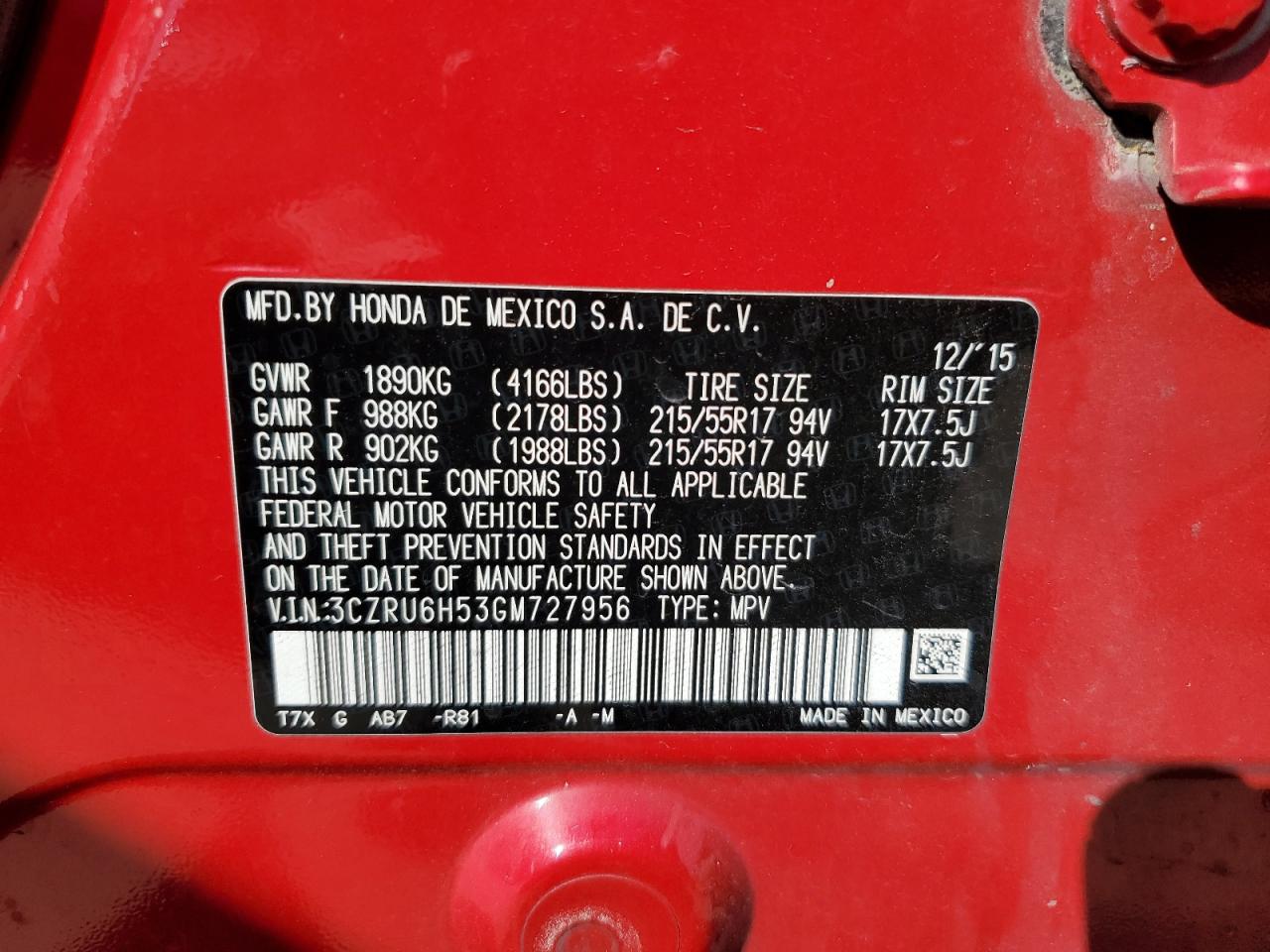 2016 Honda Hr-V Ex VIN: 3CZRU6H53GM72956 Lot: 81835785