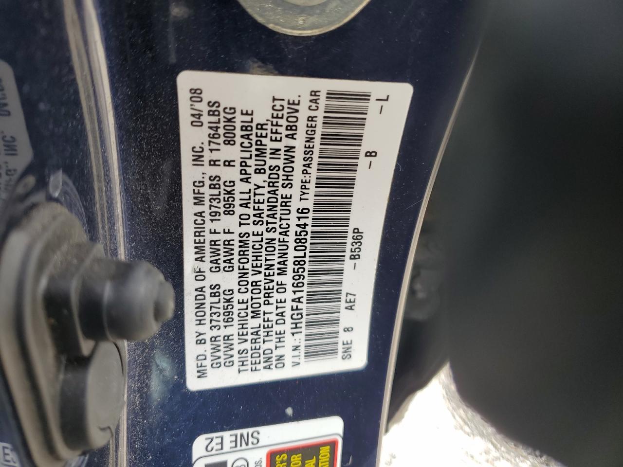 2008 Honda Civic Exl VIN: 1HGFA16958L085416 Lot: 84376795