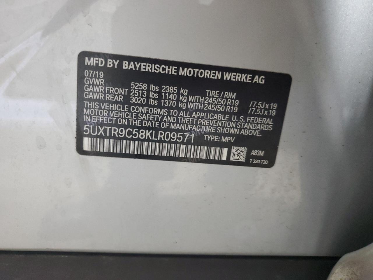 2019 BMW X3 xDrive30I VIN: 5UXTR9C58KLR09571 Lot: 71455325