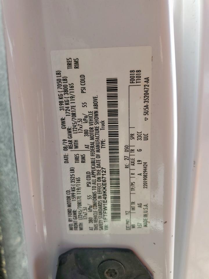 2019 Ford F150 Supercrew VIN: 1FTFW1E49KKE67127 Lot: 71989675