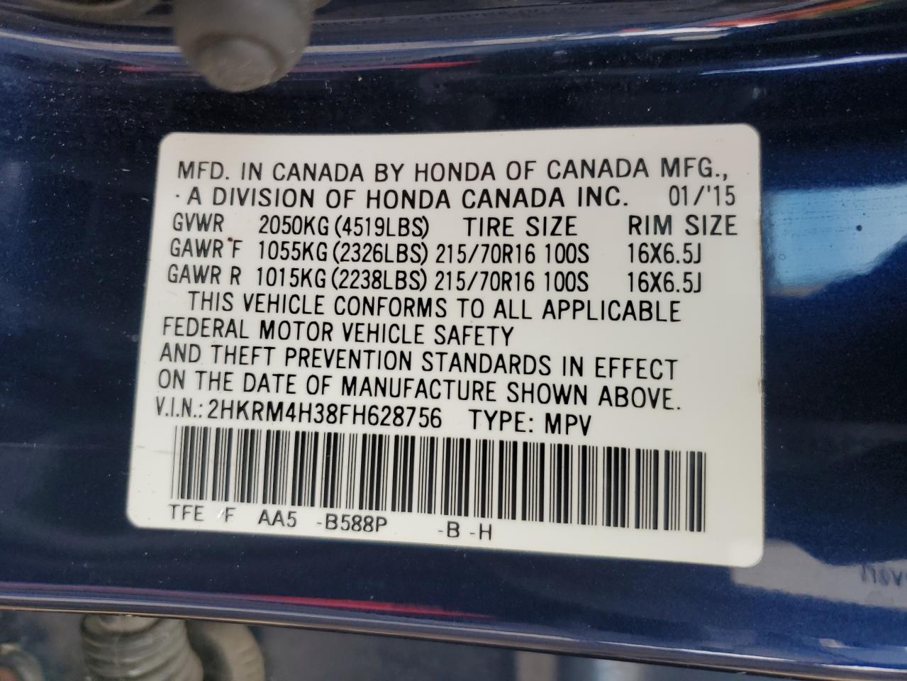 2015 Honda Cr-V Lx VIN: 2HKRM4H38FH628756 Lot: 71489365