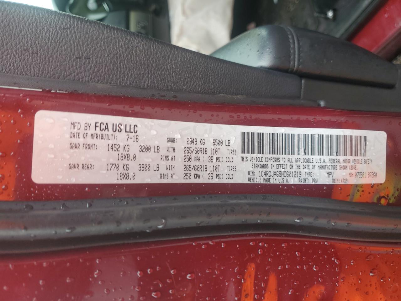 2017 Dodge Durango Sxt VIN: 1C4RDJAG9HC601219 Lot: 81760255