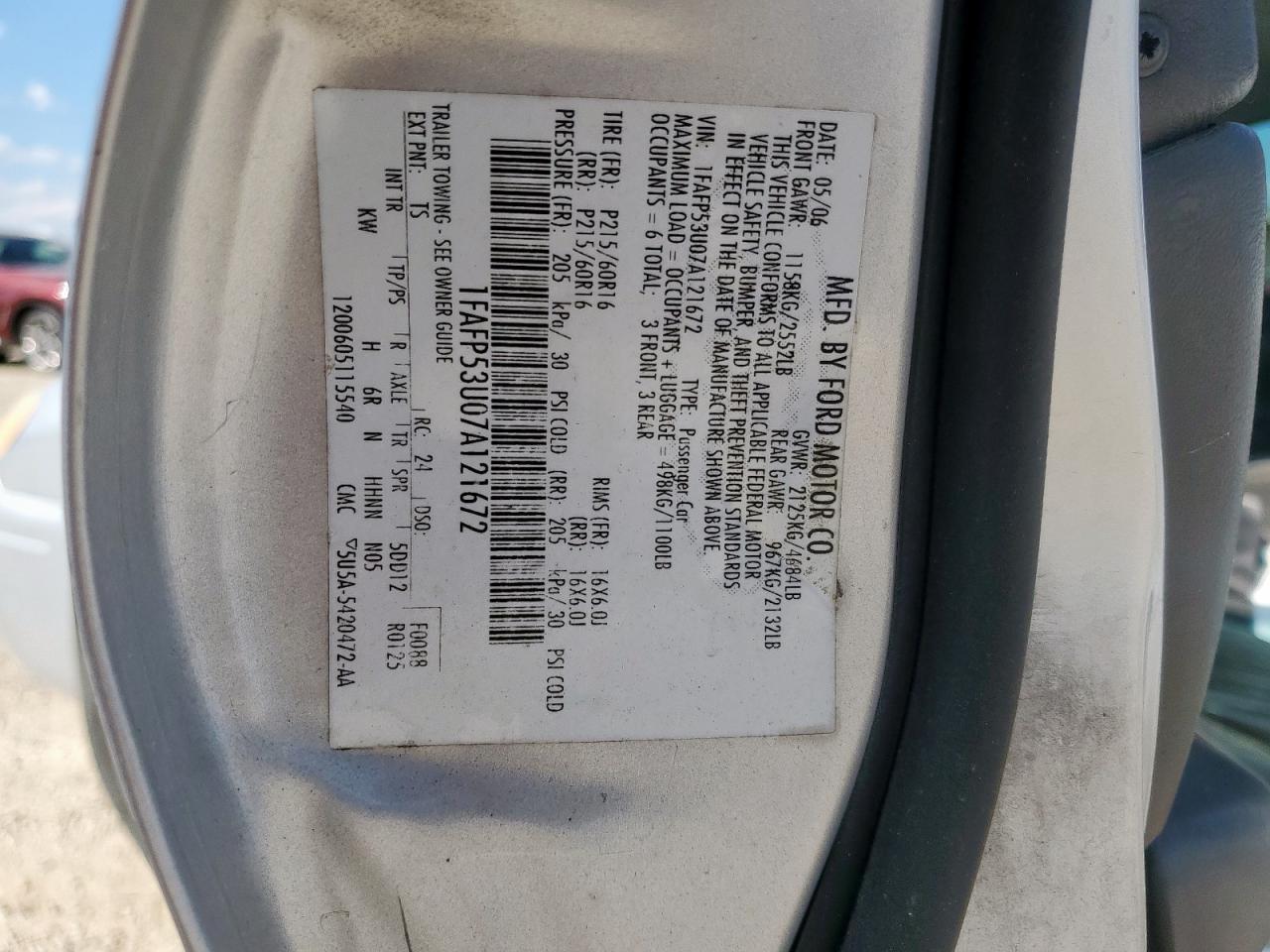 2007 Ford Taurus Se VIN: 1FAFP53U07A121672 Lot: 84804925