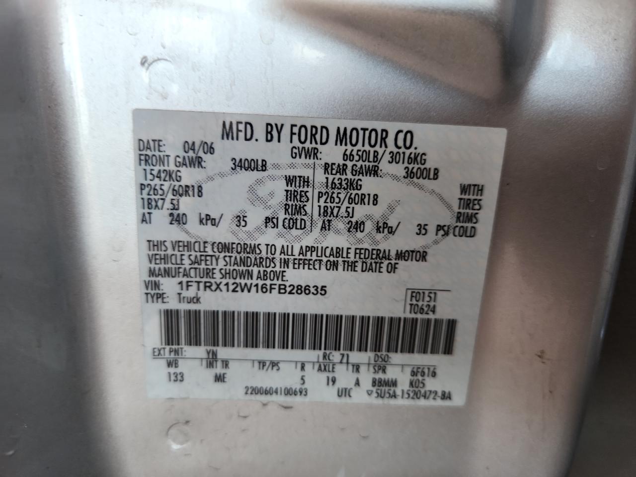 2006 Ford F150 VIN: 1FTRX12W16FB28635 Lot: 84231855