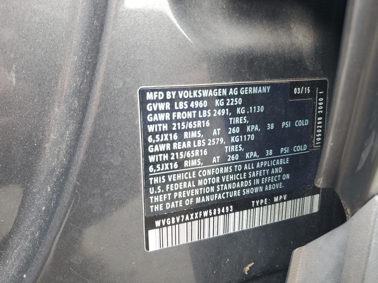 2015 Volkswagen Tiguan S VIN: WVGBV7AXXFW589493 Lot: 81699815