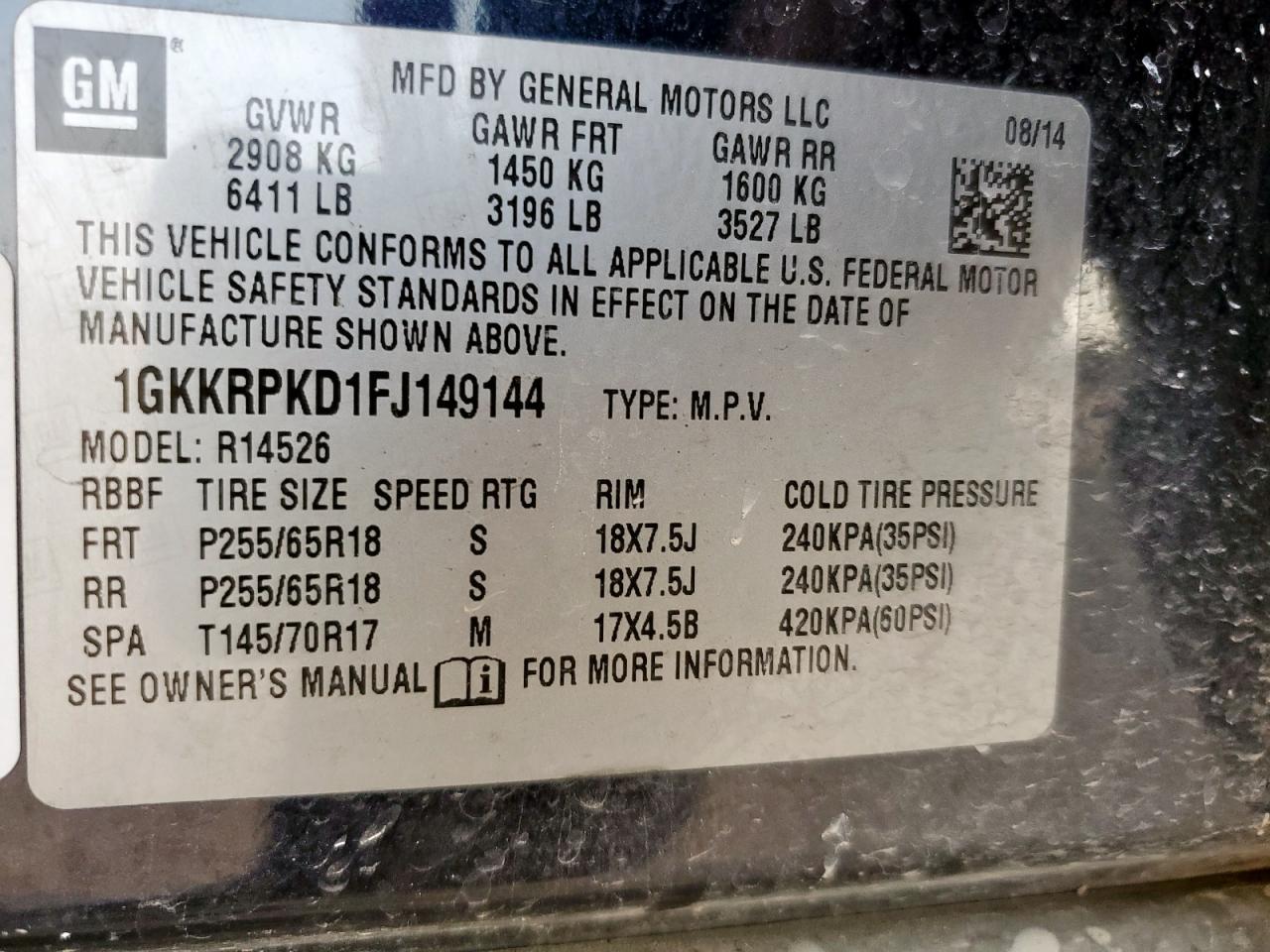 2015 GMC Acadia Sle VIN: 1GKKRPKD1FJ149144 Lot: 71772465