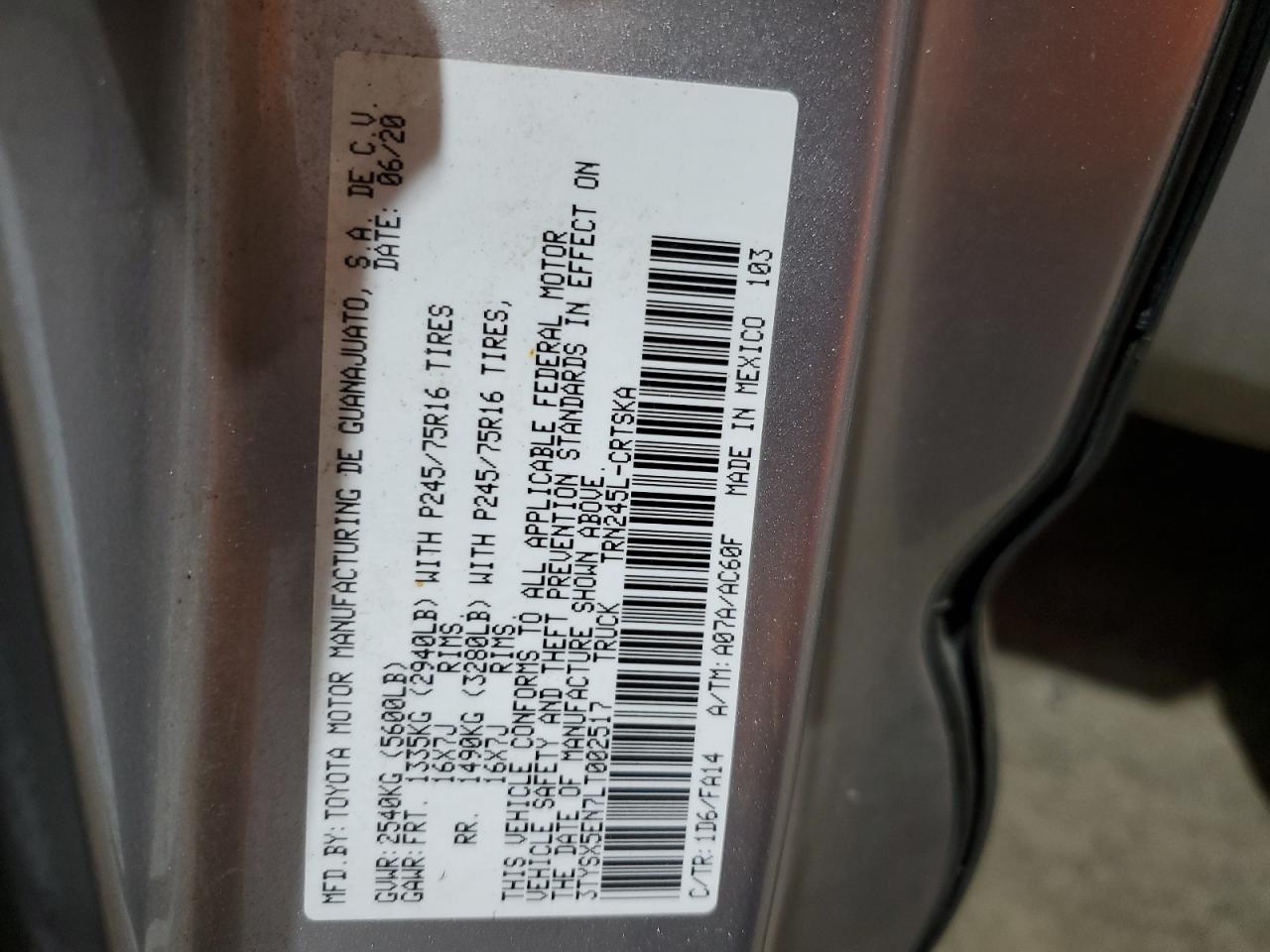 2020 Toyota Tacoma Access Cab VIN: 3TYSX5EN7LT002517 Lot: 81554175