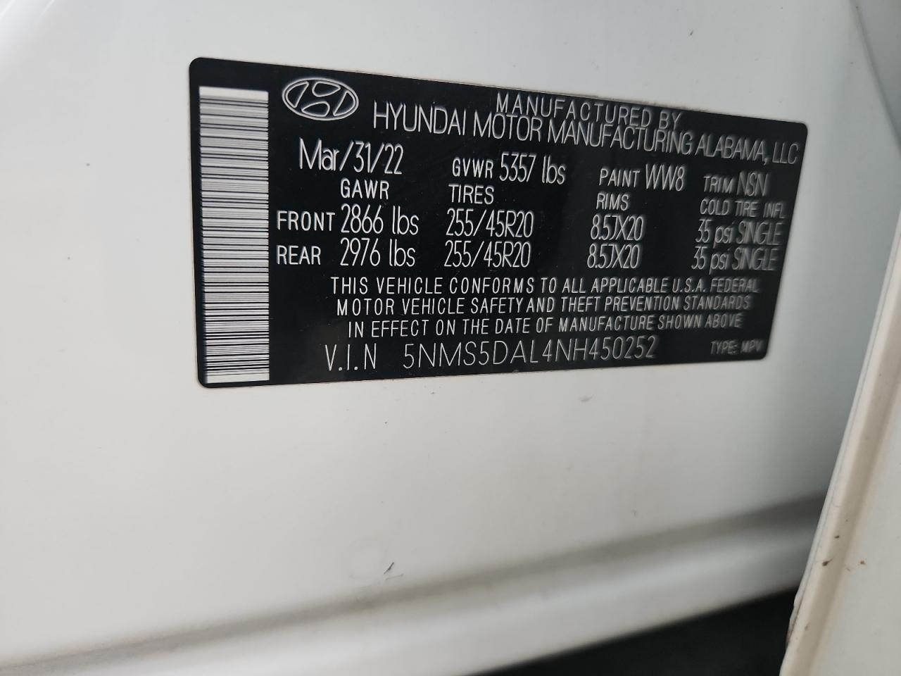 2022 Hyundai Santa Fe Calligraphy VIN: 5NMS5DAL4NH450252 Lot: 81067495