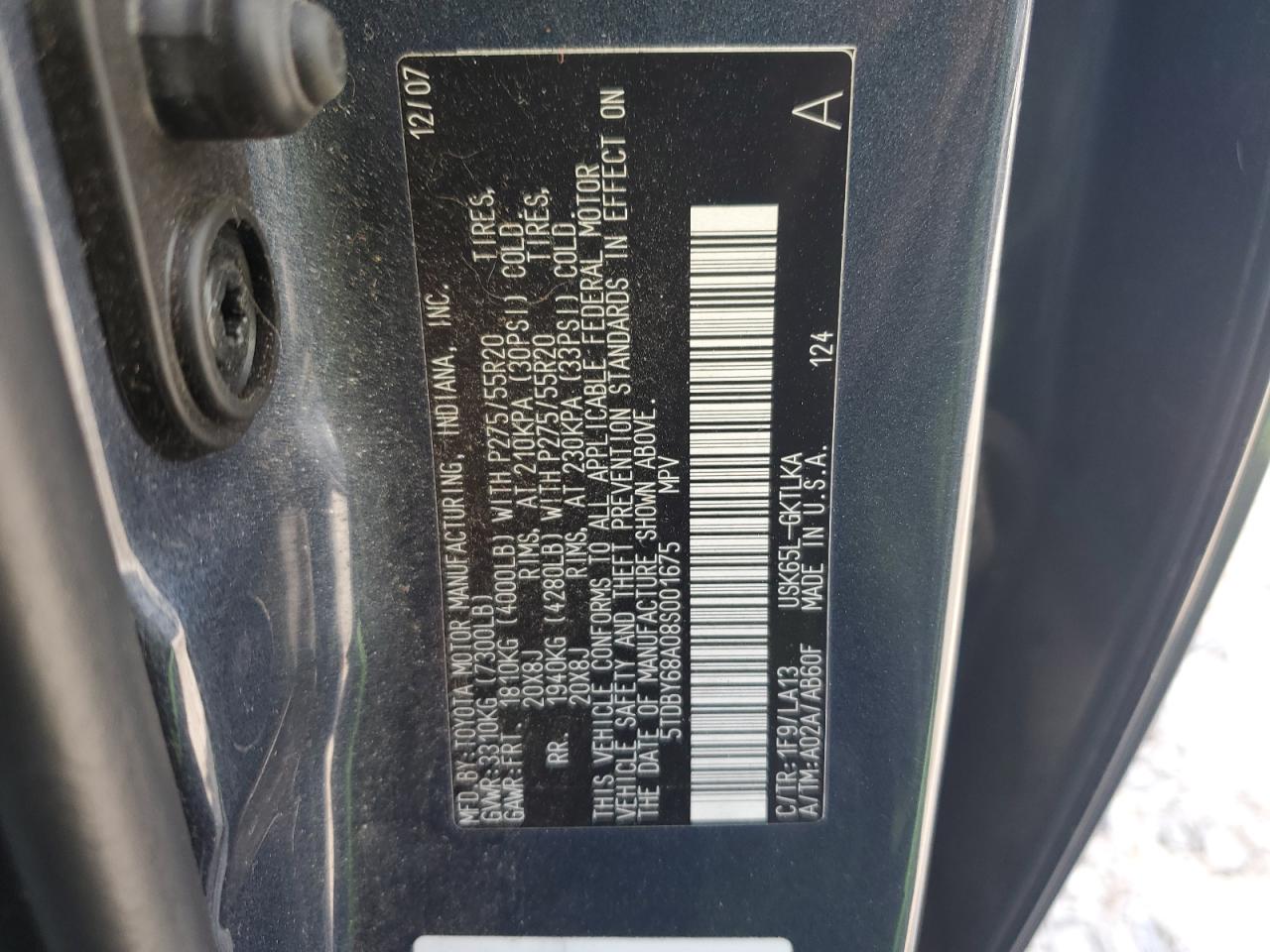 2008 Toyota Sequoia Limited VIN: 5TDBY68A08S001675 Lot: 83982125