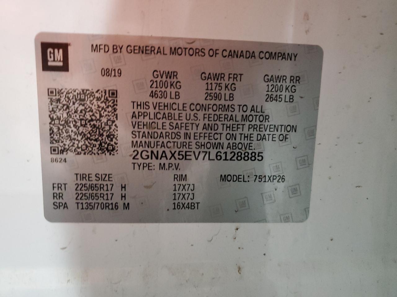 2020 Chevrolet Equinox VIN: 2GNAX5EV7L6128885 Lot: 80062875