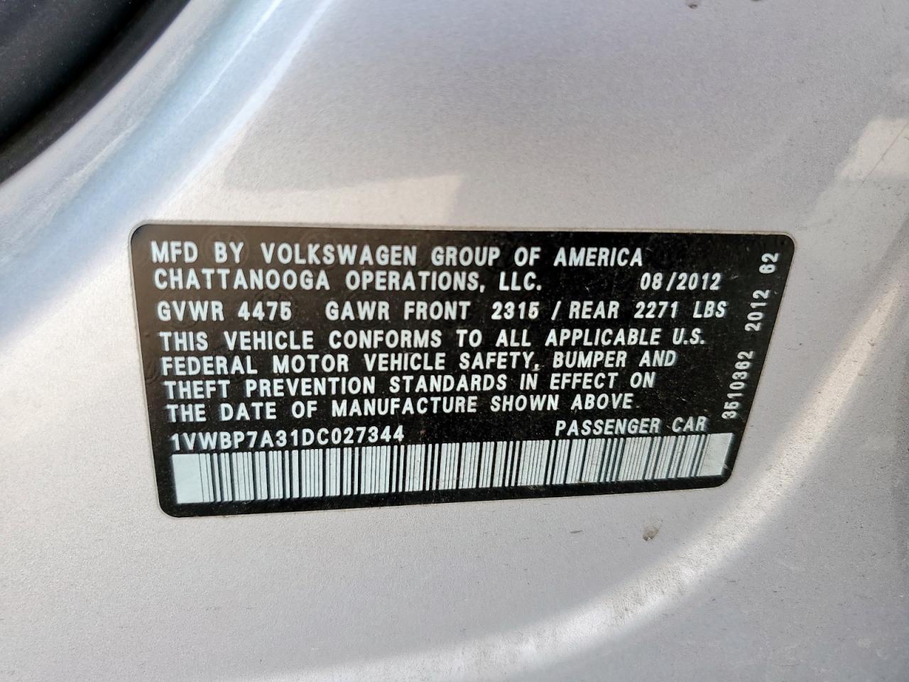 2013 Volkswagen Passat Se VIN: 1VWBP7A31DC027344 Lot: 83796815