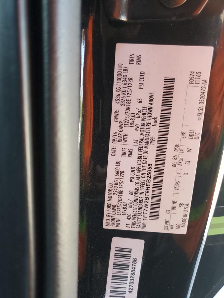 2017 Ford F250 Super Duty VIN: 1FT7W2BT9HEB25058 Lot: 69960395