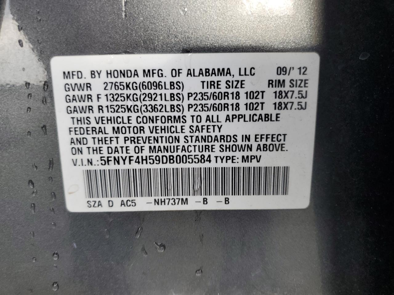 2013 Honda Pilot Exl VIN: 5FNYF4H59DB005584 Lot: 83996735