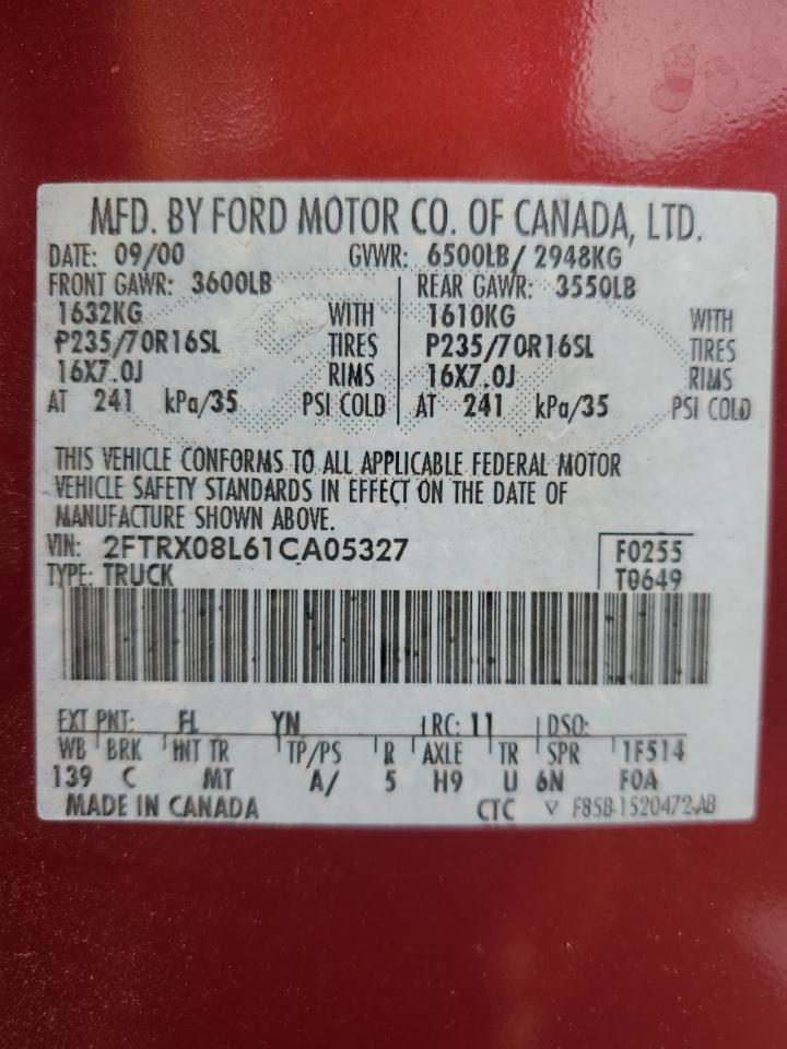 2001 Ford F150 VIN: 2FTRX08L61CA05327 Lot: 84831575