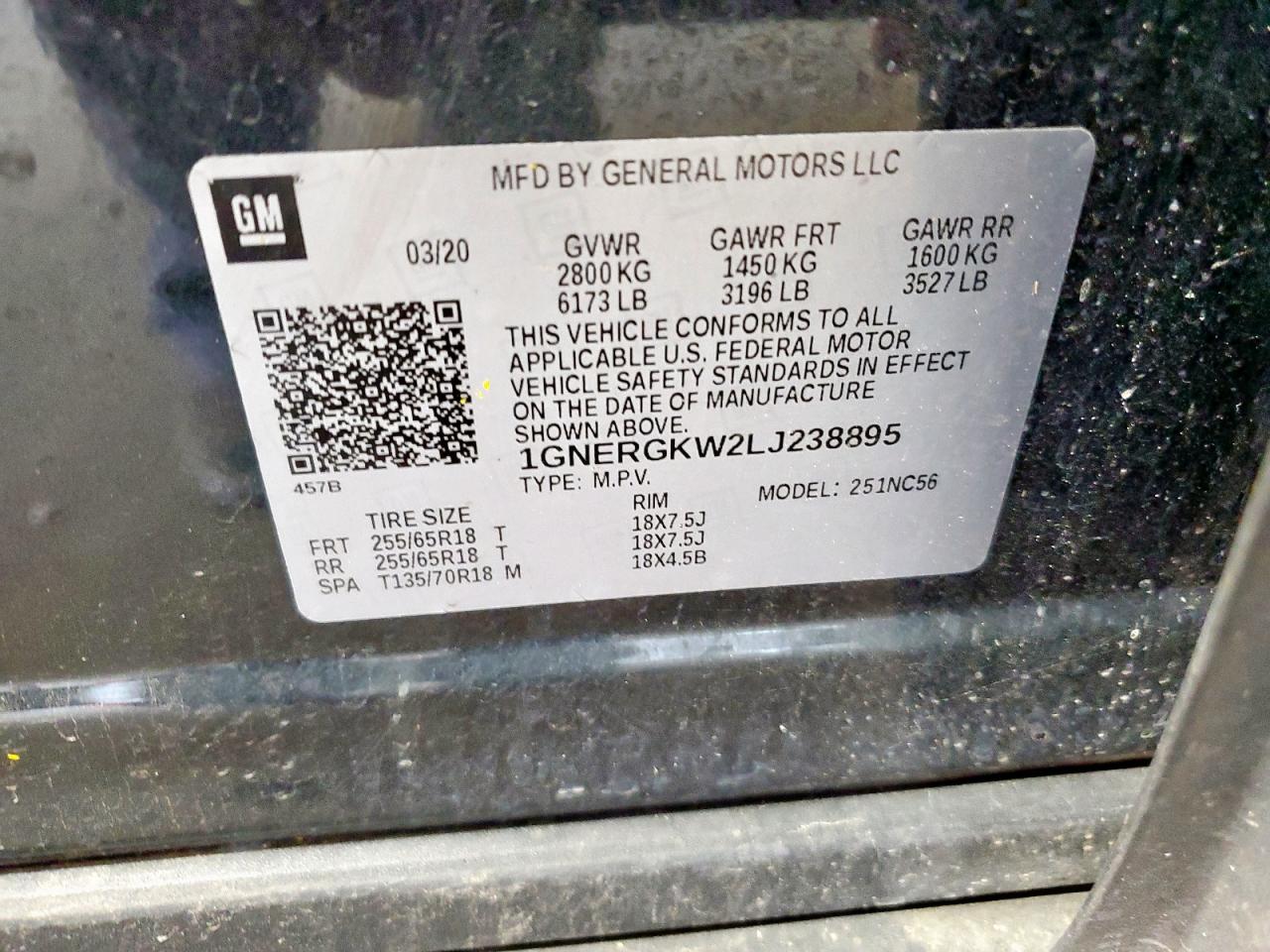 2020 Chevrolet Traverse Lt VIN: 1GNERGKW2LJ238895 Lot: 81002935