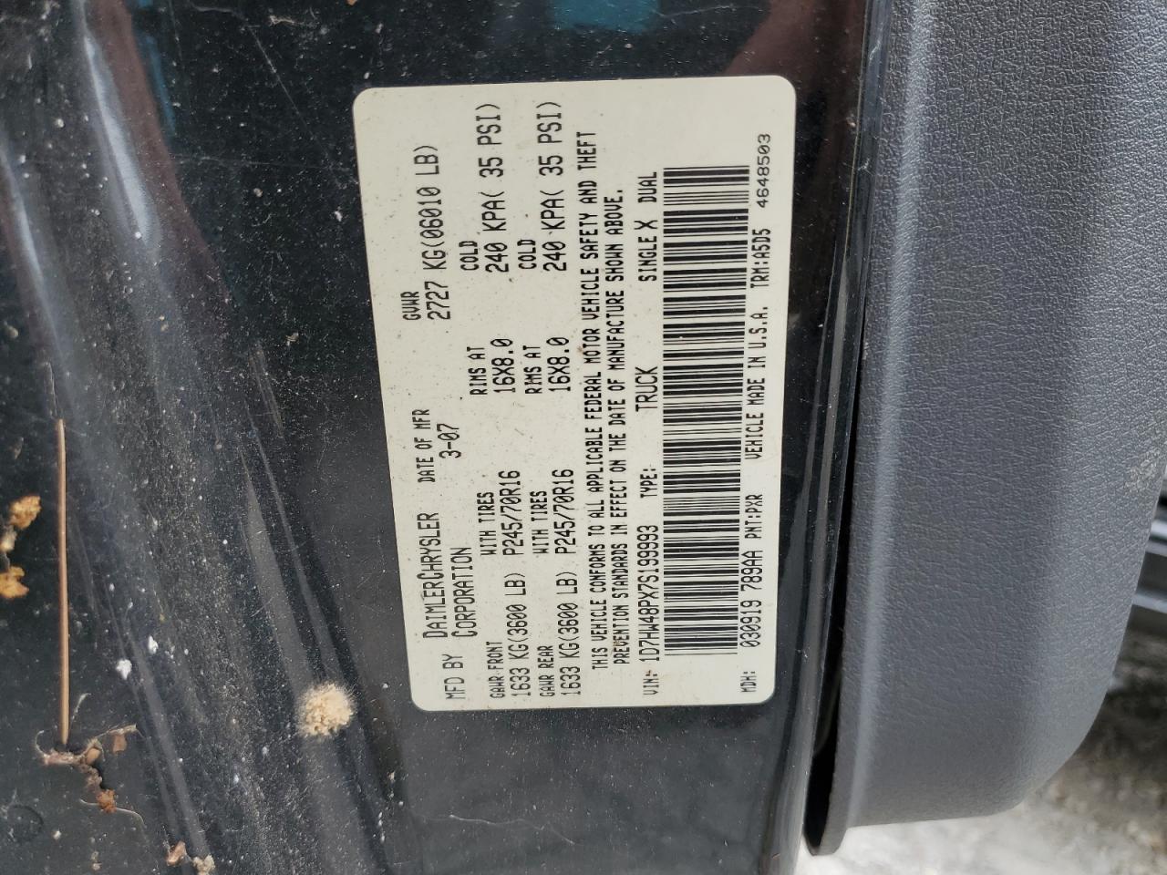 2007 Dodge Dakota Quad Slt VIN: 1D7HW48PX7S199993 Lot: 84012285