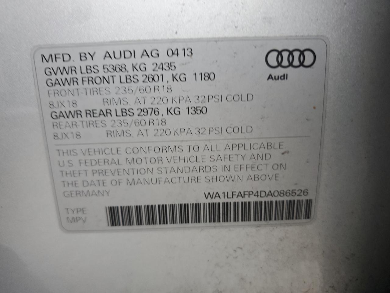 2013 Audi Q5 Premium Plus VIN: WA1LFAFP4DA086526 Lot: 81462735