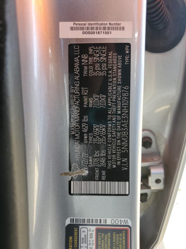 2022 Hyundai Tucson Sel VIN: 5NMJB3AE3NH109876 Lot: 80375245