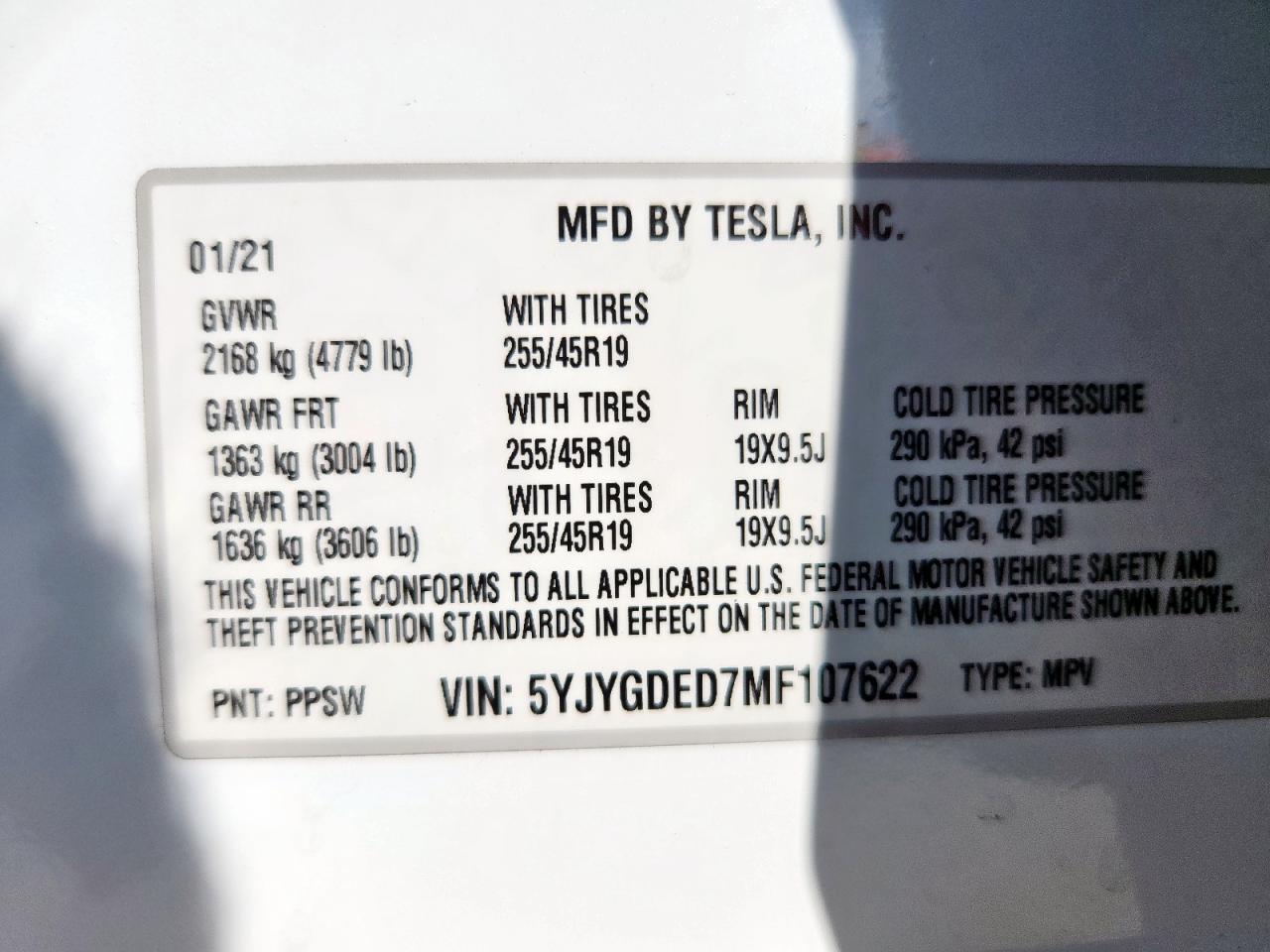 2021 Tesla Model Y VIN: 5YJYGDED7MF107622 Lot: 71358395
