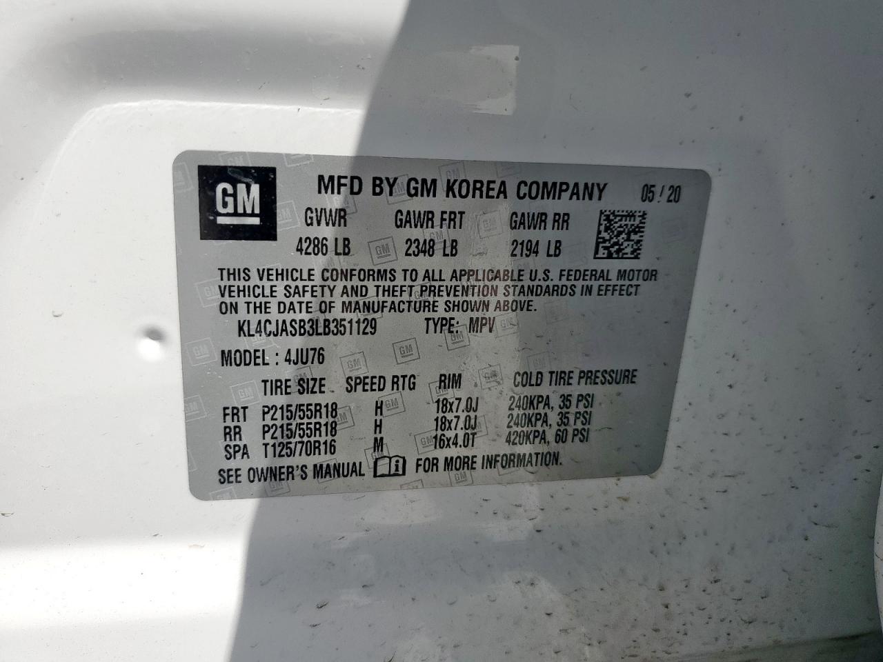 2020 Buick Encore Preferred VIN: KL4CJASB3LB351129 Lot: 80323015