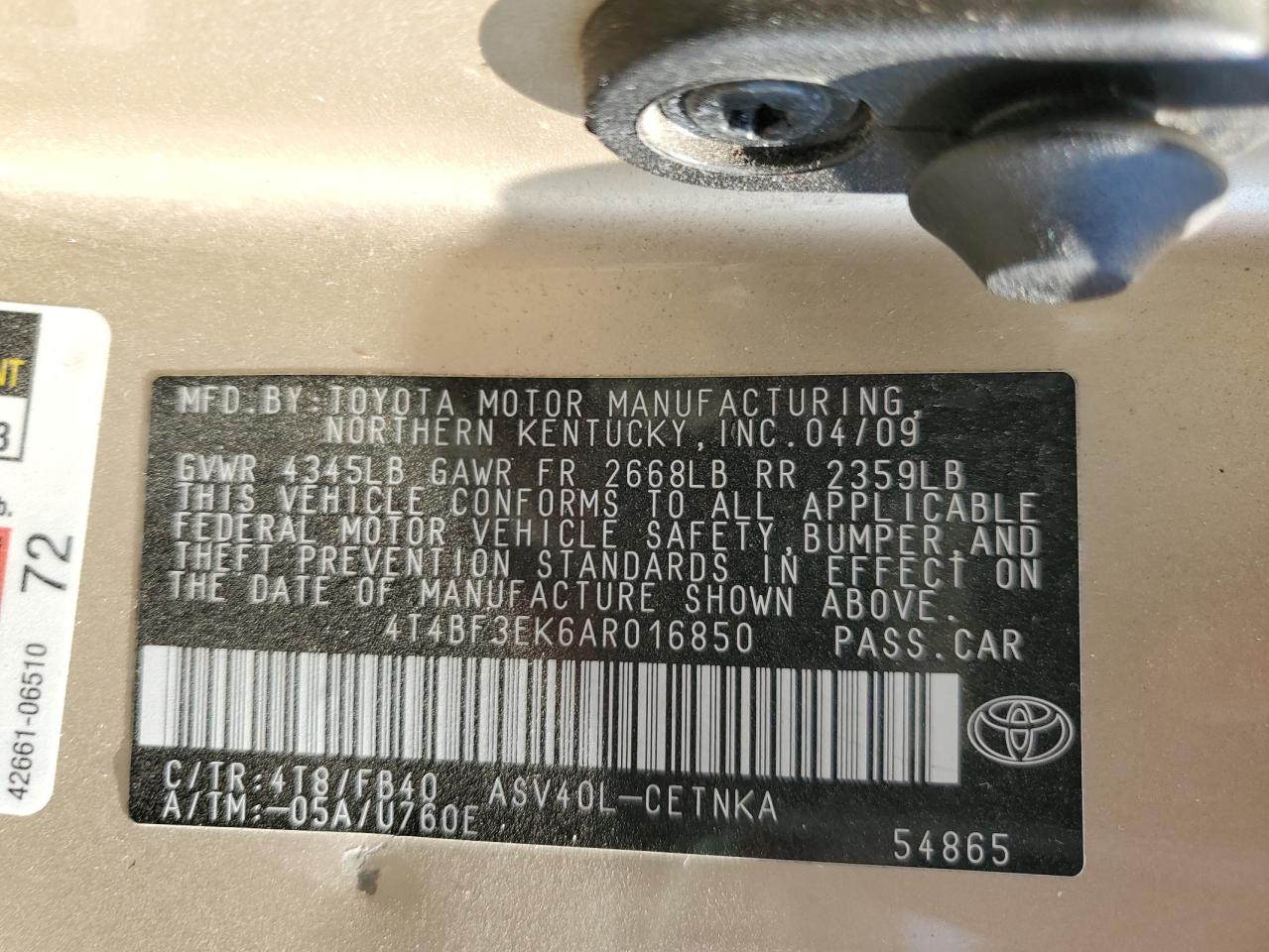 2010 Toyota Camry Base VIN: 4T4BF3EK6AR016850 Lot: 71864175