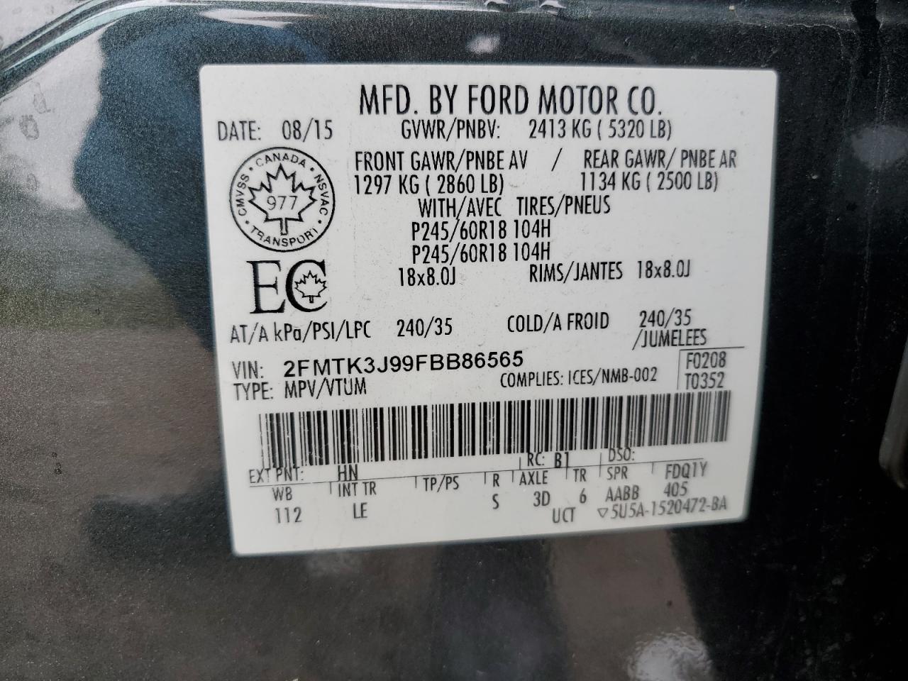 2015 Ford Edge Sel VIN: 2FMTK3J99FBB86565 Lot: 82075795