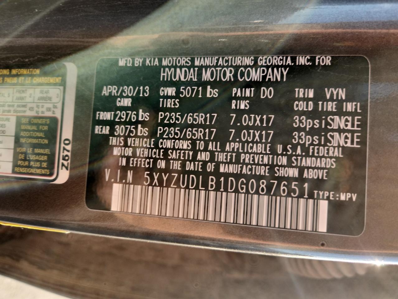 2013 Hyundai Santa Fe Sport VIN: 5XYZUDLB1DG087651 Lot: 81503515