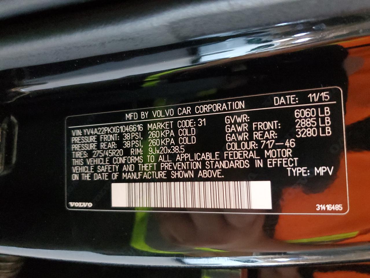 2016 Volvo Xc90 T6 VIN: YV4A22PKXG1046616 Lot: 84430245