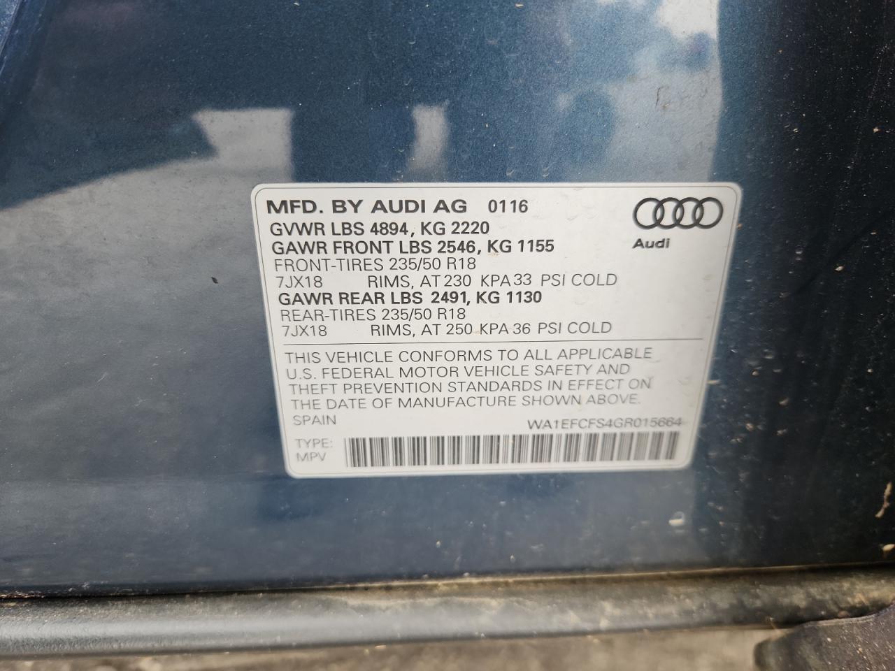 2016 Audi Q3 Premium Plus VIN: WA1EFCFS4GR015664 Lot: 84830265