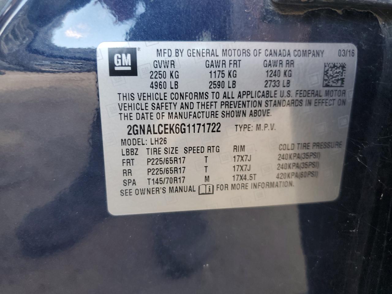 2016 Chevrolet Equinox Lt VIN: 2GNALCEK6G1171722 Lot: 84448025