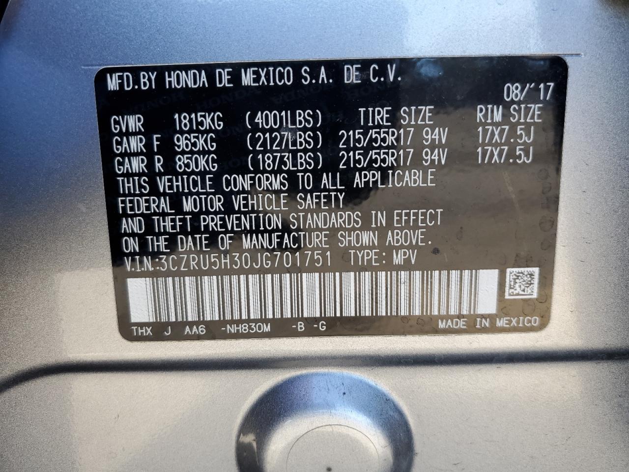 2018 Honda Hr-V Lx VIN: 3CZRU5H30JG701751 Lot: 71209275