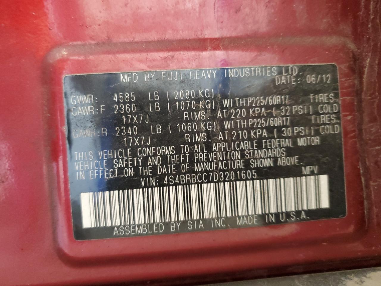 2013 Subaru Outback 2.5I Premium VIN: 4S4BRBCC7D3201605 Lot: 71979085