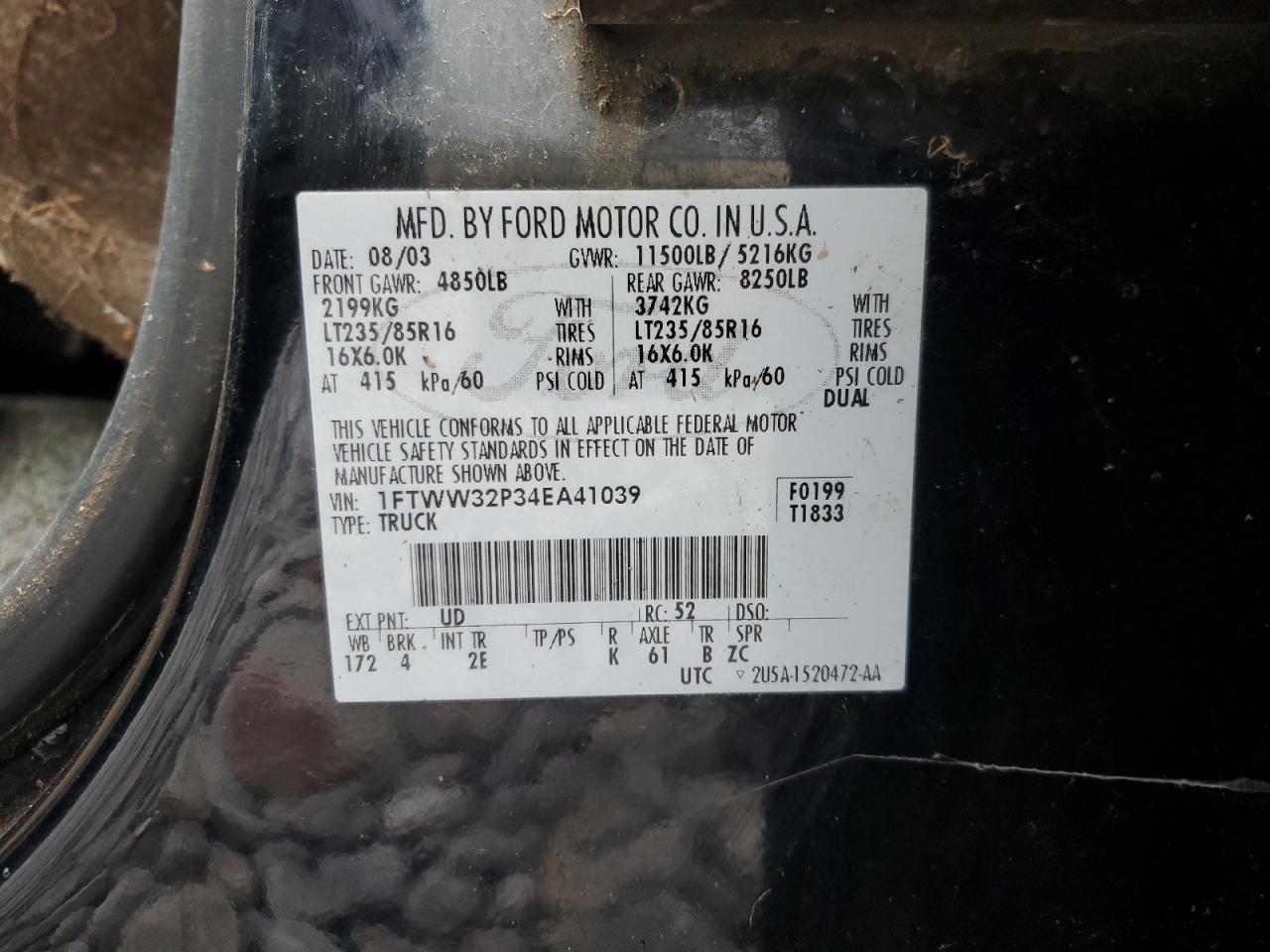 2004 Ford F350 Super Duty VIN: 1FTWW32P34EA41039 Lot: 71363475