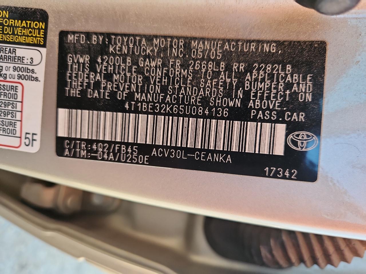 2005 Toyota Camry Le VIN: 4T1BE32K65U084136 Lot: 83857055