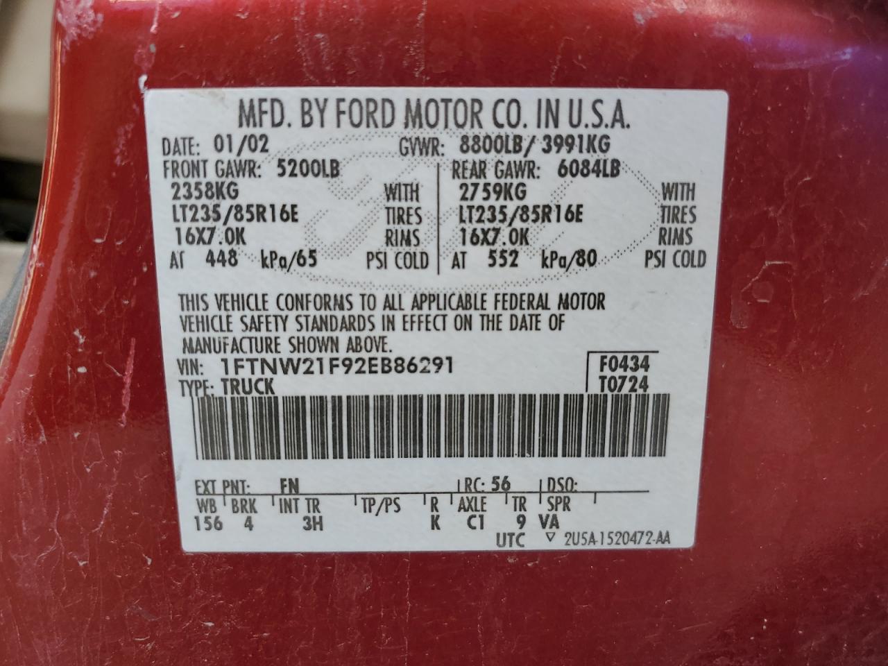 2002 Ford F250 Super Duty VIN: 1FTNW21F92EB86291 Lot: 80705355